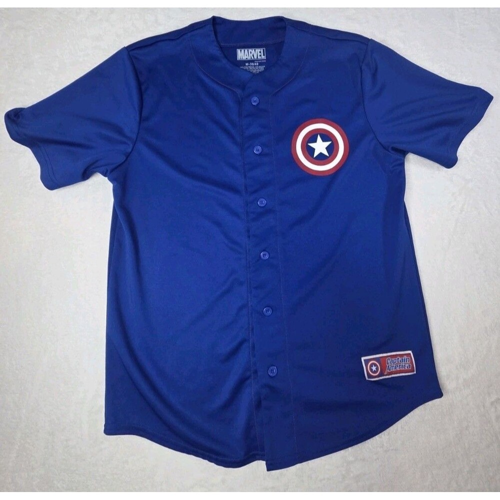 Marvel Captain America Men’s Blue Baseball Superhero Jersey #41 Medium 38-40